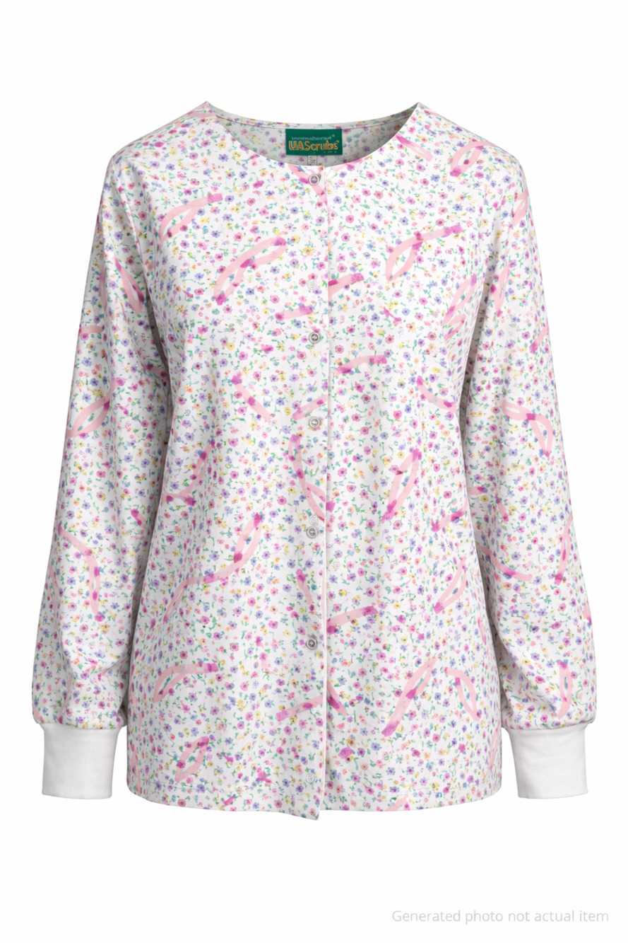 UA Scrubs Floral Print Button Front Scrub Top Long Sleeve Breast Cancer